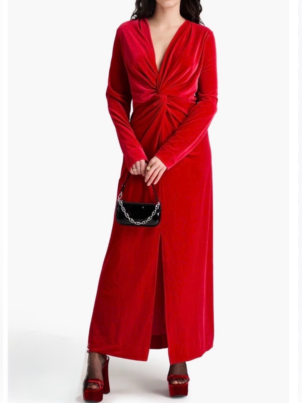 Stunning Ganni Red Velvet Maxi Dress with Twist Bodice Center Front Slit ❤️
